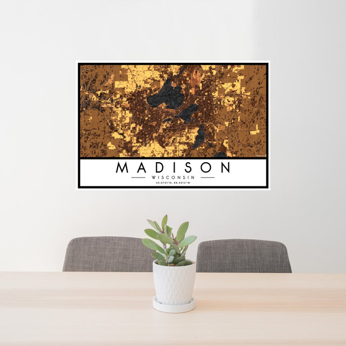 24x36 Madison Wisconsin Map Print Landscape Orientation in Ember Style Behind 2 Chairs Table and Potted Plant