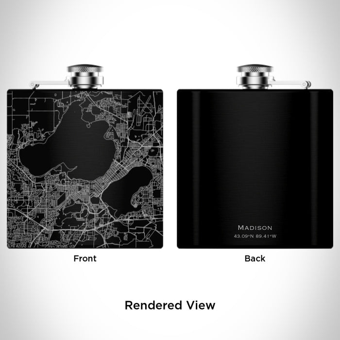 Rendered View of Madison Wisconsin Map Engraving on 6oz Stainless Steel Flask in Black
