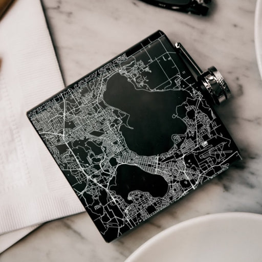 Madison Wisconsin Custom Engraved City Map Inscription Coordinates on 6oz Stainless Steel Flask in Black
