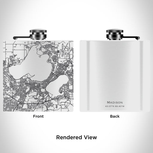 Rendered View of Madison Wisconsin Map Engraving on 6oz Stainless Steel Flask in White