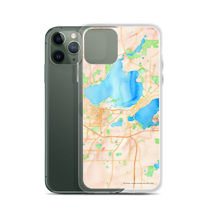 Custom Madison Wisconsin Map Phone Case in Watercolor on Table with Laptop and Plant