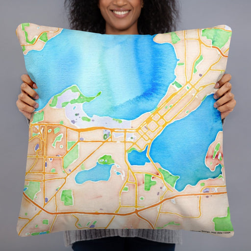 Person holding 22x22 Custom Madison Wisconsin Map Throw Pillow in Watercolor