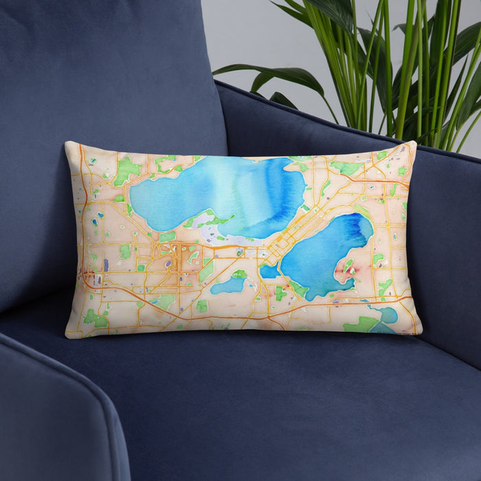 Custom Madison Wisconsin Map Throw Pillow in Watercolor on Blue Colored Chair