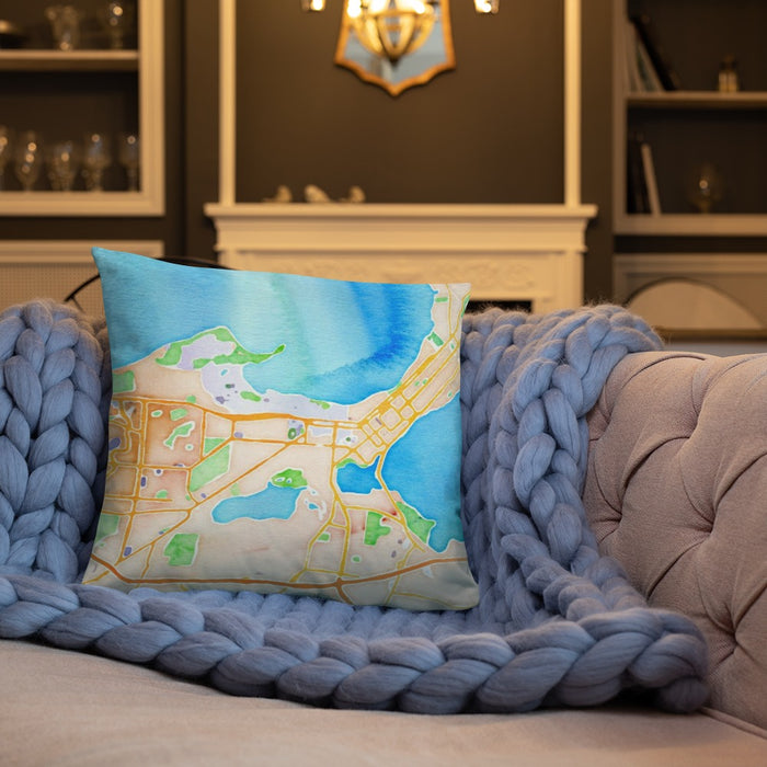 Custom Madison Wisconsin Map Throw Pillow in Watercolor on Cream Colored Couch