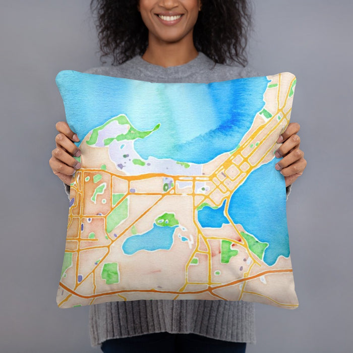 Person holding 18x18 Custom Madison Wisconsin Map Throw Pillow in Watercolor