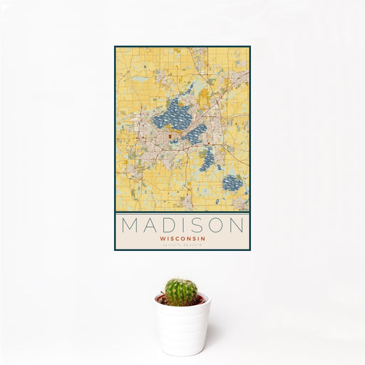 12x18 Madison Wisconsin Map Print Portrait Orientation in Woodblock Style With Small Cactus Plant in White Planter