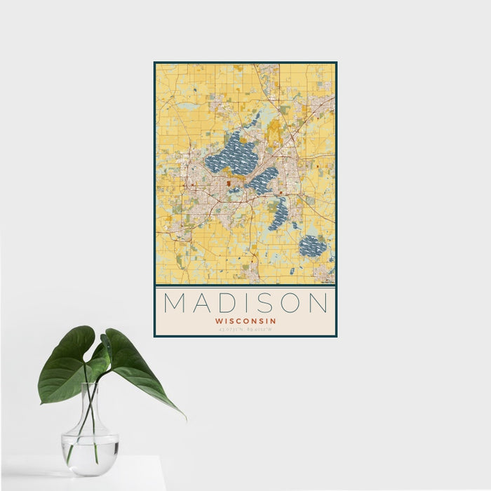 16x24 Madison Wisconsin Map Print Portrait Orientation in Woodblock Style With Tropical Plant Leaves in Water