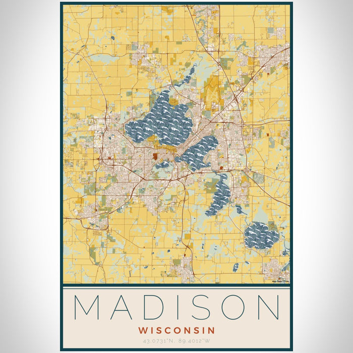 Madison Wisconsin Map Print Portrait Orientation in Woodblock Style With Shaded Background