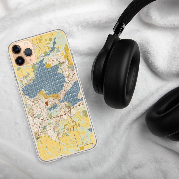 Custom Madison Wisconsin Map Phone Case in Woodblock on Table with Black Headphones