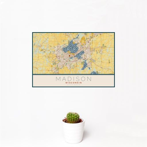 12x18 Madison Wisconsin Map Print Landscape Orientation in Woodblock Style With Small Cactus Plant in White Planter