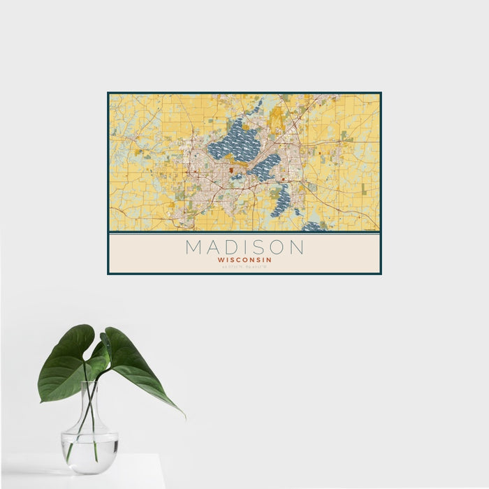 16x24 Madison Wisconsin Map Print Landscape Orientation in Woodblock Style With Tropical Plant Leaves in Water