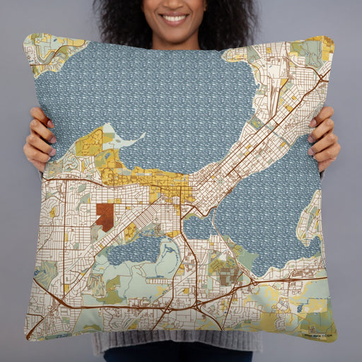Person holding 22x22 Custom Madison Wisconsin Map Throw Pillow in Woodblock