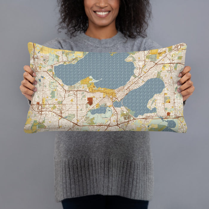 Person holding 20x12 Custom Madison Wisconsin Map Throw Pillow in Woodblock
