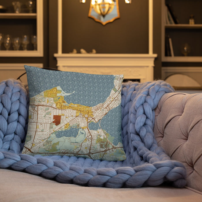 Custom Madison Wisconsin Map Throw Pillow in Woodblock on Cream Colored Couch