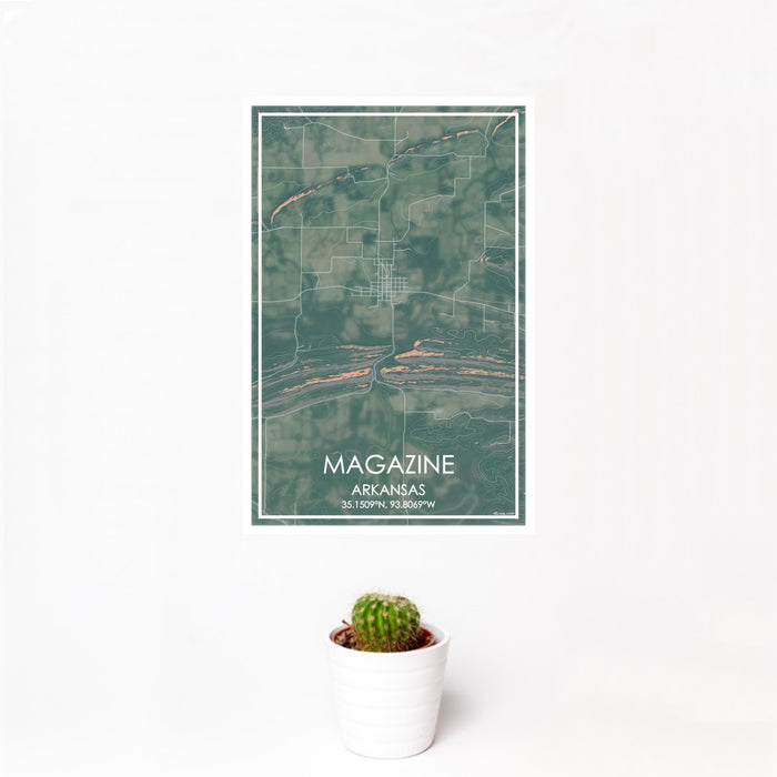 12x18 Magazine Arkansas Map Print Portrait Orientation in Afternoon Style With Small Cactus Plant in White Planter