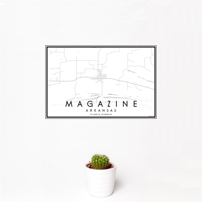 12x18 Magazine Arkansas Map Print Landscape Orientation in Classic Style With Small Cactus Plant in White Planter