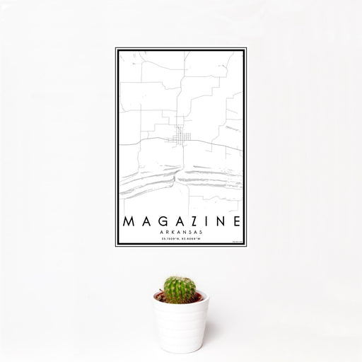 12x18 Magazine Arkansas Map Print Portrait Orientation in Classic Style With Small Cactus Plant in White Planter