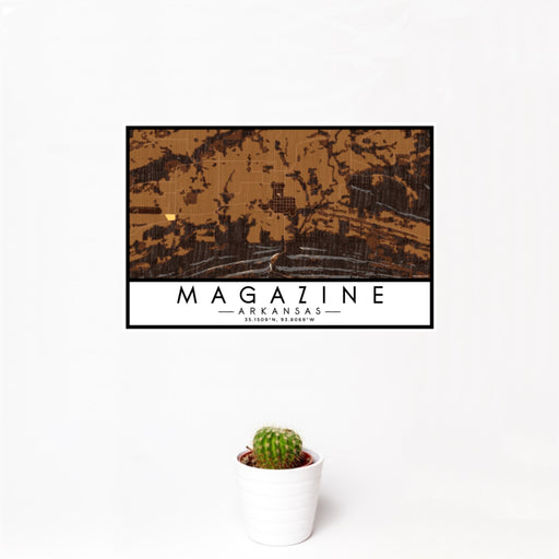 12x18 Magazine Arkansas Map Print Landscape Orientation in Ember Style With Small Cactus Plant in White Planter