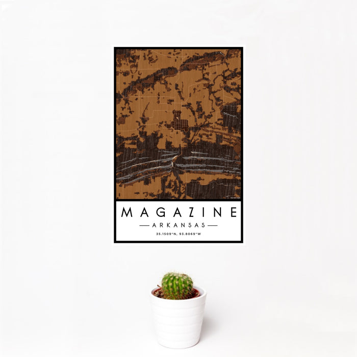 12x18 Magazine Arkansas Map Print Portrait Orientation in Ember Style With Small Cactus Plant in White Planter