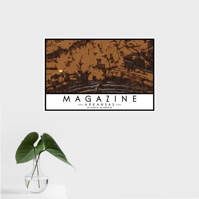 16x24 Magazine Arkansas Map Print Landscape Orientation in Ember Style With Tropical Plant Leaves in Water