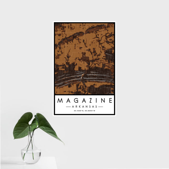 16x24 Magazine Arkansas Map Print Portrait Orientation in Ember Style With Tropical Plant Leaves in Water