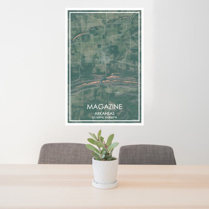 24x36 Magazine Arkansas Map Print Portrait Orientation in Afternoon Style Behind 2 Chairs Table and Potted Plant