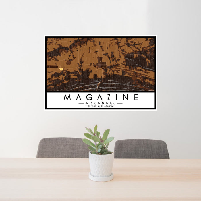 24x36 Magazine Arkansas Map Print Lanscape Orientation in Ember Style Behind 2 Chairs Table and Potted Plant