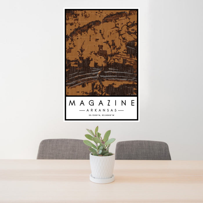 24x36 Magazine Arkansas Map Print Portrait Orientation in Ember Style Behind 2 Chairs Table and Potted Plant