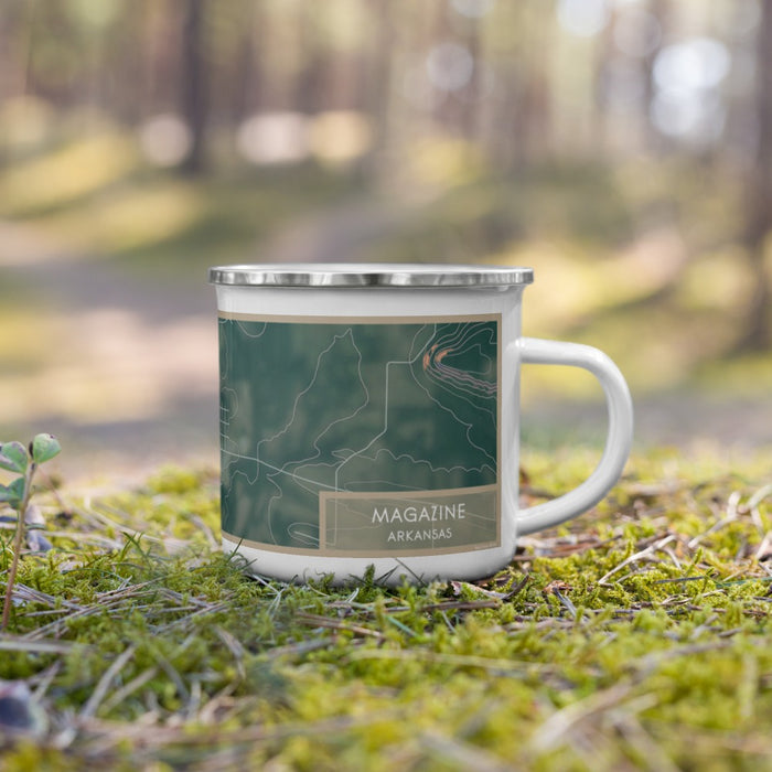 Right View Custom Magazine Arkansas Map Enamel Mug in Afternoon on Grass With Trees in Background