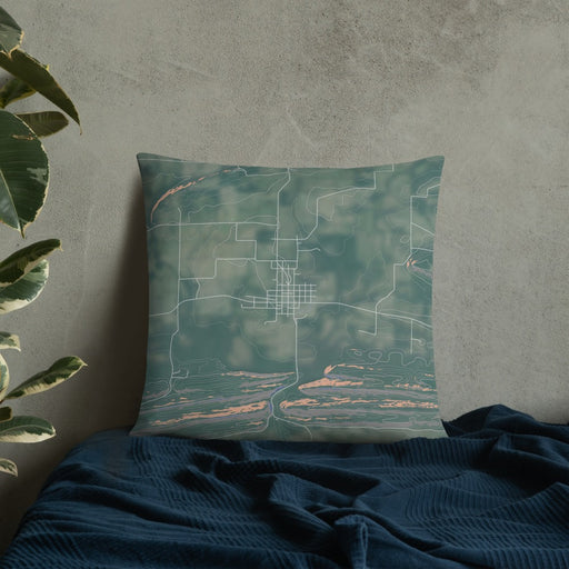 Custom Magazine Arkansas Map Throw Pillow in Afternoon on Bedding Against Wall