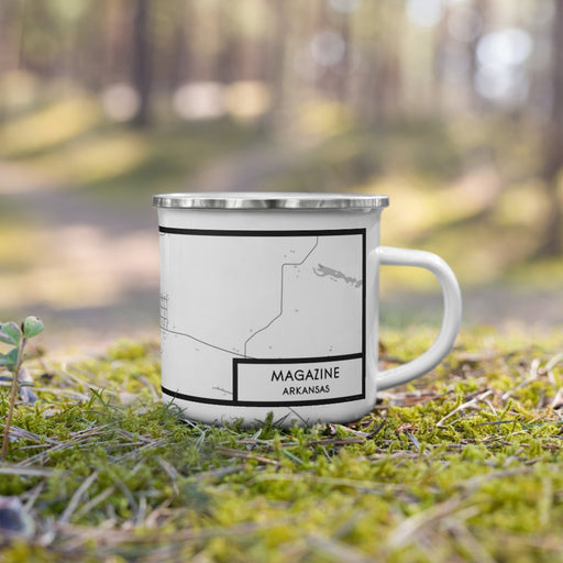 Right View Custom Magazine Arkansas Map Enamel Mug in Classic on Grass With Trees in Background