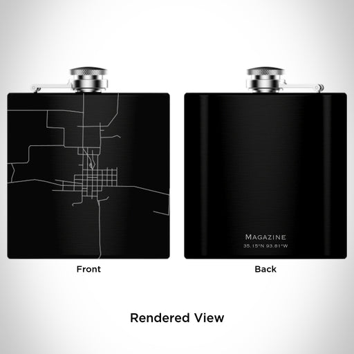 Rendered View of Magazine Arkansas Map Engraving on 6oz Stainless Steel Flask in Black