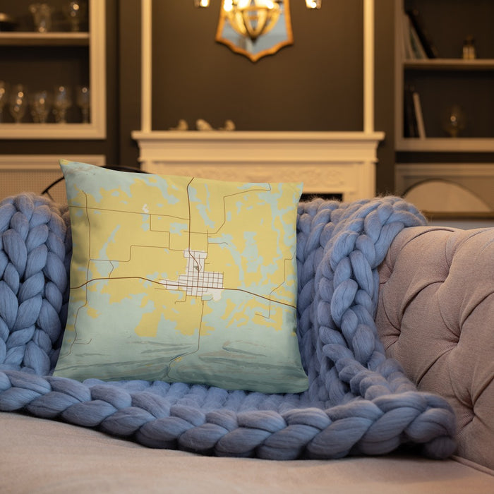 Custom Magazine Arkansas Map Throw Pillow in Woodblock on Cream Colored Couch