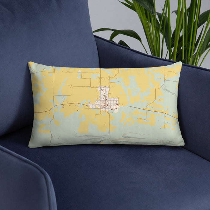 Custom Magazine Arkansas Map Throw Pillow in Woodblock on Blue Colored Chair