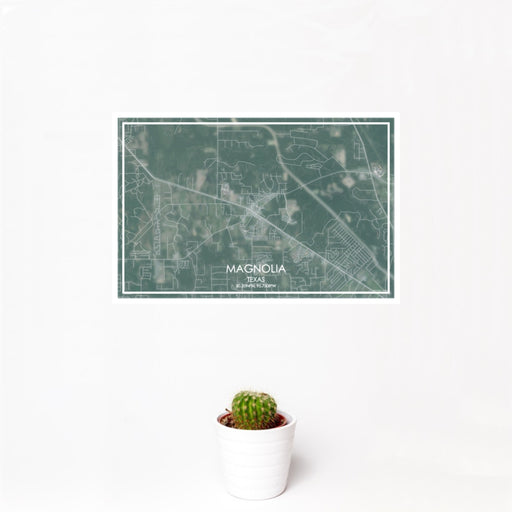 12x18 Magnolia Texas Map Print Landscape Orientation in Afternoon Style With Small Cactus Plant in White Planter