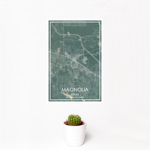 12x18 Magnolia Texas Map Print Portrait Orientation in Afternoon Style With Small Cactus Plant in White Planter