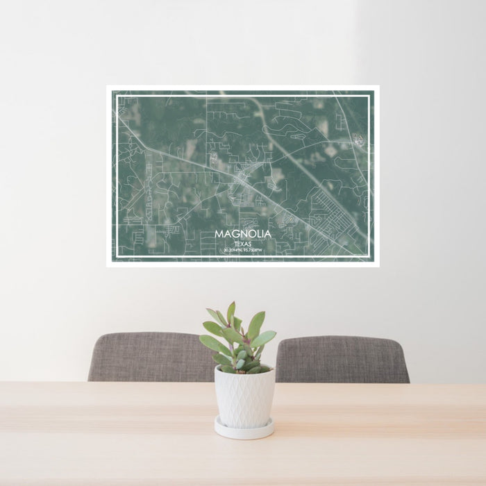24x36 Magnolia Texas Map Print Lanscape Orientation in Afternoon Style Behind 2 Chairs Table and Potted Plant
