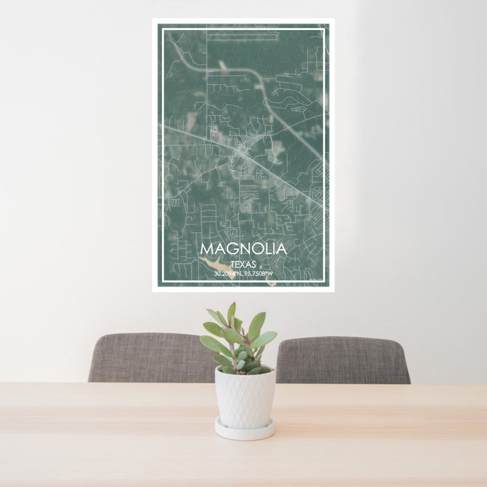 24x36 Magnolia Texas Map Print Portrait Orientation in Afternoon Style Behind 2 Chairs Table and Potted Plant