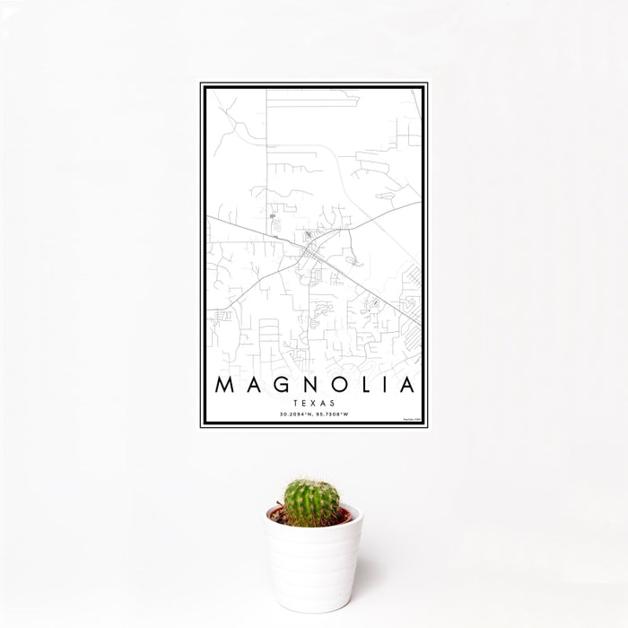 12x18 Magnolia Texas Map Print Portrait Orientation in Classic Style With Small Cactus Plant in White Planter