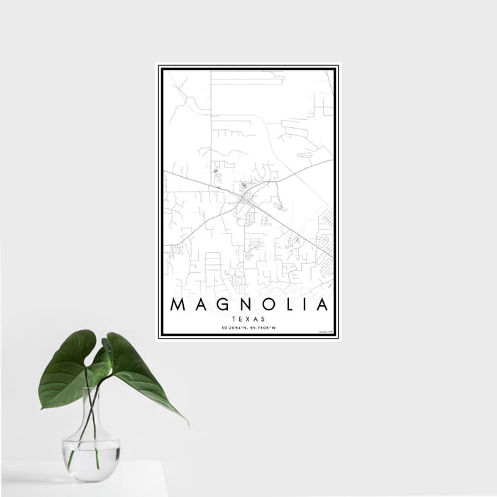 16x24 Magnolia Texas Map Print Portrait Orientation in Classic Style With Tropical Plant Leaves in Water