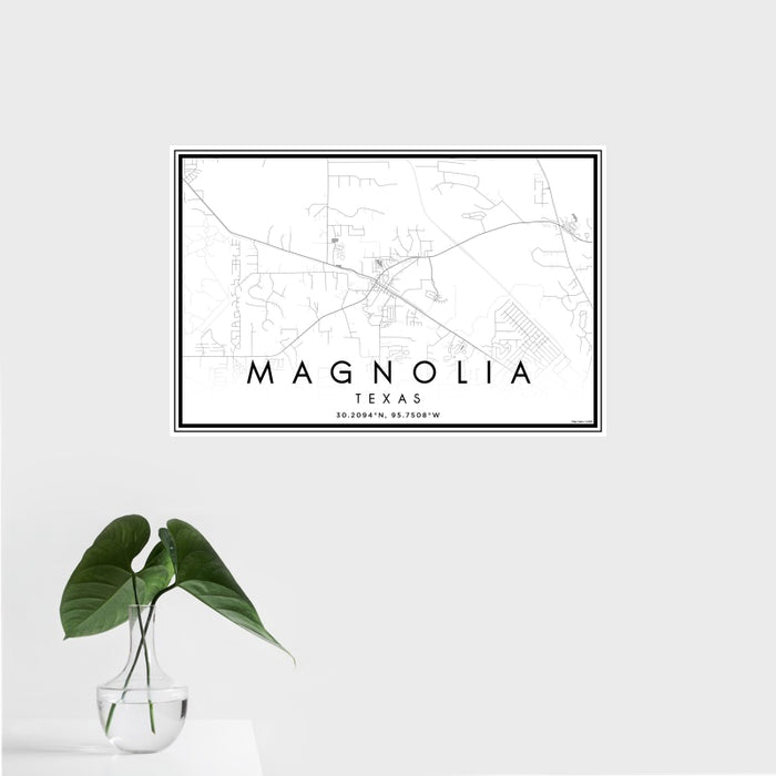 16x24 Magnolia Texas Map Print Landscape Orientation in Classic Style With Tropical Plant Leaves in Water