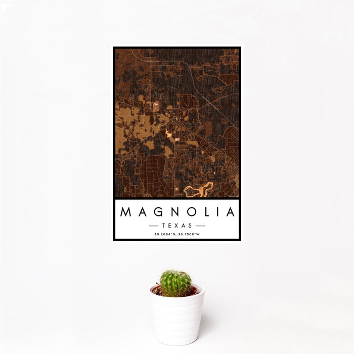 12x18 Magnolia Texas Map Print Portrait Orientation in Ember Style With Small Cactus Plant in White Planter