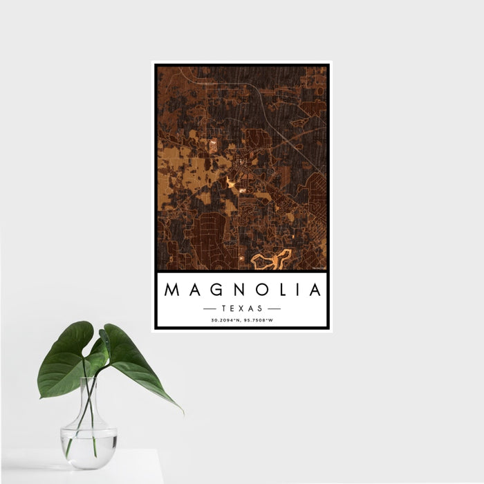 16x24 Magnolia Texas Map Print Portrait Orientation in Ember Style With Tropical Plant Leaves in Water