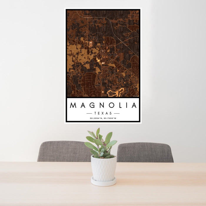24x36 Magnolia Texas Map Print Portrait Orientation in Ember Style Behind 2 Chairs Table and Potted Plant