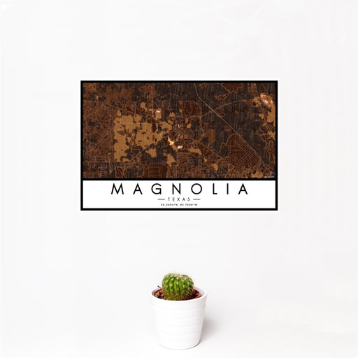 12x18 Magnolia Texas Map Print Landscape Orientation in Ember Style With Small Cactus Plant in White Planter
