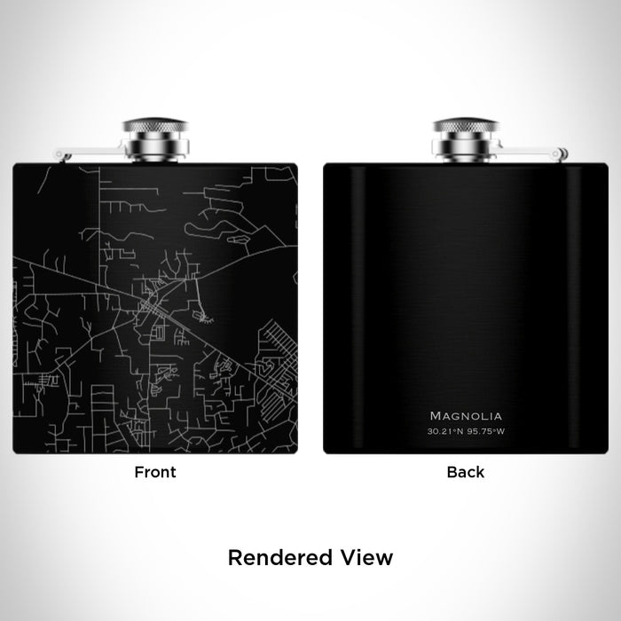 Rendered View of Magnolia Texas Map Engraving on 6oz Stainless Steel Flask in Black