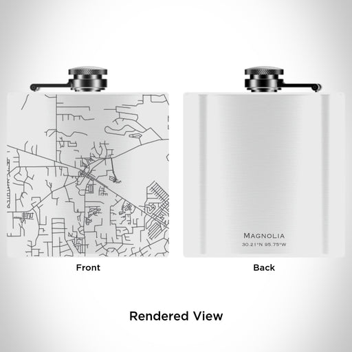 Rendered View of Magnolia Texas Map Engraving on 6oz Stainless Steel Flask in White