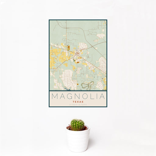 12x18 Magnolia Texas Map Print Portrait Orientation in Woodblock Style With Small Cactus Plant in White Planter
