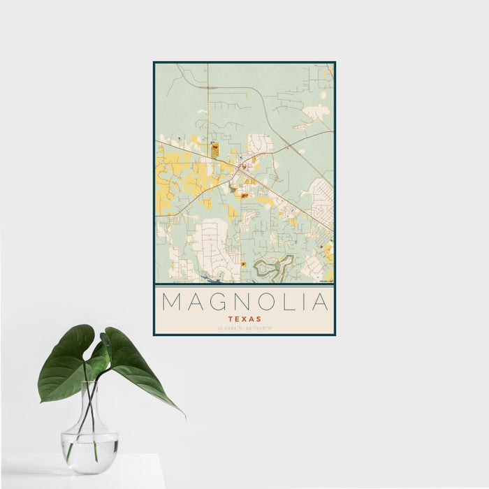 16x24 Magnolia Texas Map Print Portrait Orientation in Woodblock Style With Tropical Plant Leaves in Water