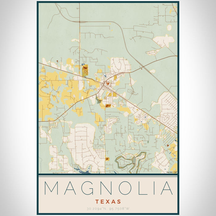 Magnolia Texas Map Print Portrait Orientation in Woodblock Style With Shaded Background